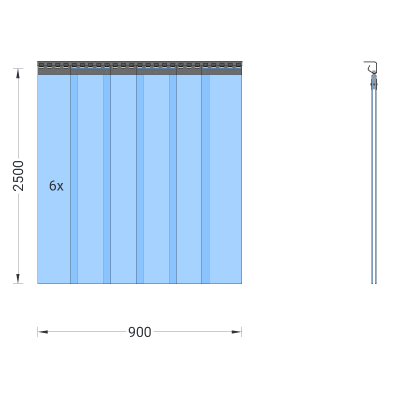 PVC-Streifenvorhang, Lamellen 200 x 2 mm transparent, Höhe 2,50 m, Breite 0,90 m (0,70 m), Edelstahl