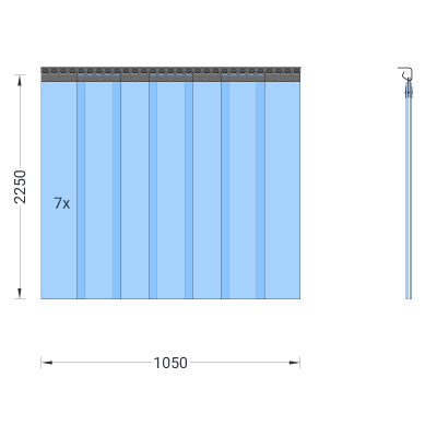 PVC-Streifenvorhang, Lamellen 200 x 2 mm transparent, Höhe 2,25 m, Breite 1,05 m (0,80 m), Edelstahl