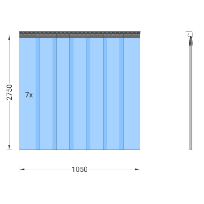 PVC-Streifenvorhang, Lamellen 200 x 2 mm transparent, Höhe 2,75 m, Breite 1,05 m (0,80 m), Edelstahl