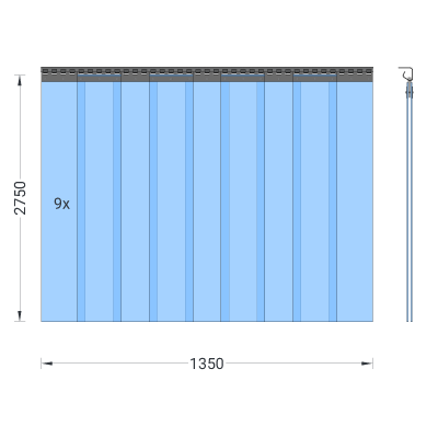 PVC-Streifenvorhang, Lamellen 200 x 2 mm transparent, Höhe 2,75 m, Breite 1,35 m (1,00 m), Edelstahl