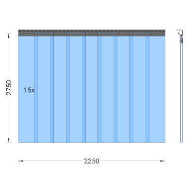 PVC-Streifenvorhang, Lamellen 200 x 2 mm transparent, Höhe 2,75 m, Breite 2,25 m (1,60 m), Edelstahl