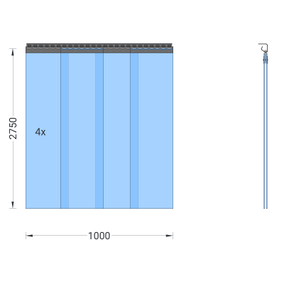 PVC-Streifenvorhang, Lamellen 300 x 3 mm transparent, Höhe 2,75 m, Breite 1,00 m (0,90 m), verzinkt