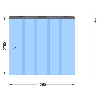 PVC-Streifenvorhang, Lamellen 300 x 3 mm transparent, Höhe 2,75 m, Breite 1,25 m (1,10 m), verzinkt