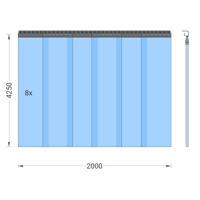 PVC-Streifenvorhang, Lamellen 300 x 3 mm transparent, Höhe 4,25 m, Breite 2,00 m (1,70 m), verzinkt