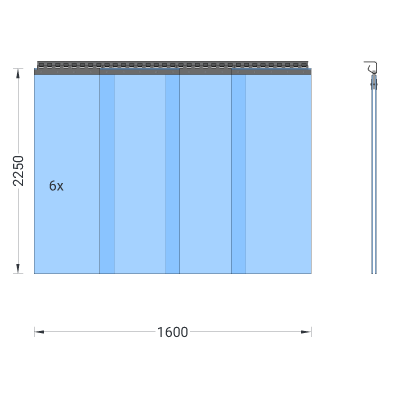 PVC-Streifenvorhang, Lamellen 400 x 4 mm transparent, Höhe 2,25 m, Breite 1,60 m (1,50 m), verzinkt