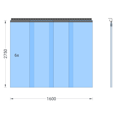 PVC-Streifenvorhang, Lamellen 400 x 4 mm transparent, Höhe 2,75 m, Breite 1,60 m (1,50 m), verzinkt