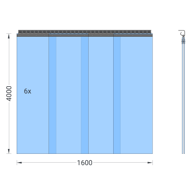 PVC-Streifenvorhang, Lamellen 400 x 4 mm transparent, Höhe 4,00 m, Breite 1,60 m (1,50 m), verzinkt