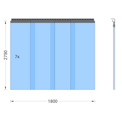 PVC-Streifenvorhang, Lamellen 400 x 4 mm transparent, Höhe 2,75 m, Breite 1,90 m (1,75 m), verzinkt