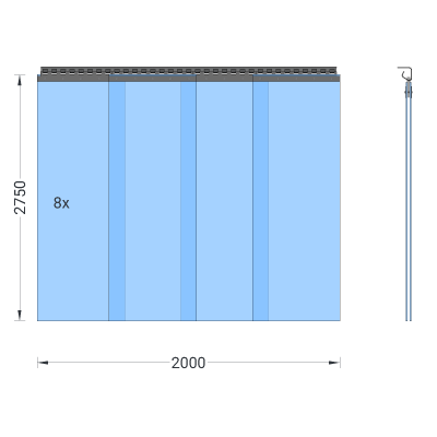 PVC-Streifenvorhang, Lamellen 400 x 4 mm transparent, Höhe 2,75 m, Breite 2,20 m (2,00 m), Edelstahl