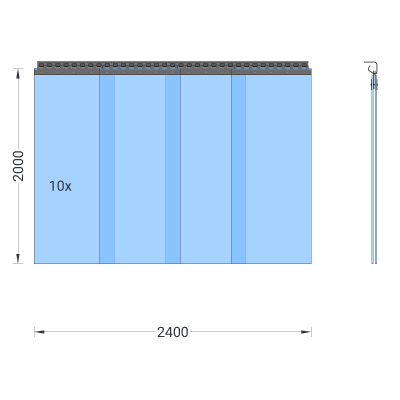 PVC-Streifenvorhang, Lamellen 400 x 4 mm transparent, Höhe 2,00 m, Breite 2,80 m (2,50 m), verzinkt