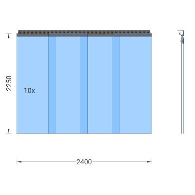 PVC-Streifenvorhang, Lamellen 400 x 4 mm transparent, Höhe 2,25 m, Breite 2,80 m (2,50 m), verzinkt