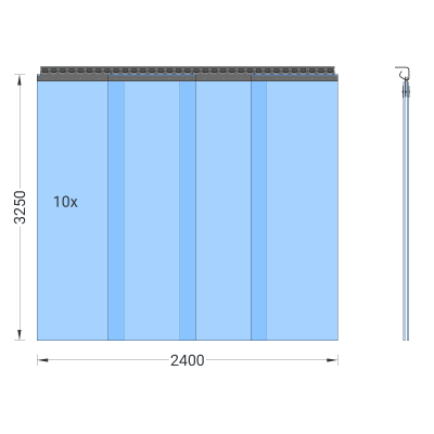 PVC-Streifenvorhang, Lamellen 400 x 4 mm transparent, Höhe 3,25 m, Breite 2,80 m (2,50 m), verzinkt