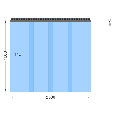 PVC-Streifenvorhang, Lamellen 400 x 4 mm transparent, Höhe 4,00 m, Breite 3,10 m (2,75 m), verzinkt