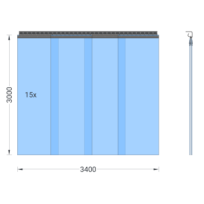 PVC-Streifenvorhang, Lamellen 400 x 4 mm transparent, Höhe 3,00 m, Breite 4,30 m (3,75 m), verzinkt