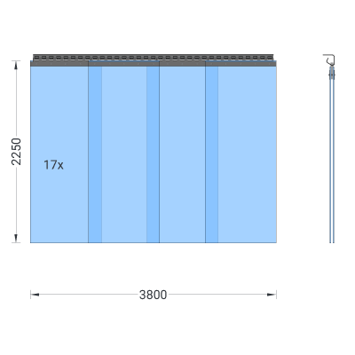 PVC-Streifenvorhang, Lamellen 400 x 4 mm transparent, Höhe 2,25 m, Breite 4,90 m (4,25 m), Edelstahl