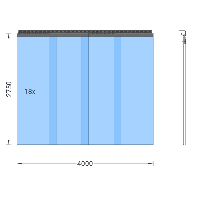 PVC-Streifenvorhang, Lamellen 400 x 4 mm transparent, Höhe 2,75 m, Breite 5,20 m (4,50 m), verzinkt