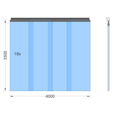 PVC-Streifenvorhang, Lamellen 400 x 4 mm transparent, Höhe 3,50 m, Breite 5,20 m (4,50 m), verzinkt