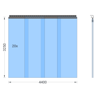 PVC-Streifenvorhang, Lamellen 400 x 4 mm transparent, Höhe 3,25 m, Breite 5,80 m (5,00 m), Edelstahl