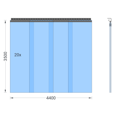 PVC-Streifenvorhang, Lamellen 400 x 4 mm transparent, Höhe 3,50 m, Breite 5,80 m (5,00 m), verzinkt