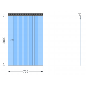 PVC-Streifenvorhang, Lamellen 200 x 2 mm transparent, Höhe 3,00 m, Breite 0,90 m (0,70 m), Edelstahl