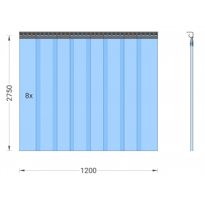 PVC-Streifenvorhang, Lamellen 200 x 2 mm transparent, Höhe 2,75 m, Breite 1,20 m (0,90 m), Edelstahl