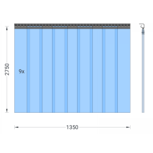 PVC-Streifenvorhang, Lamellen 200 x 2 mm transparent, Höhe 2,75 m, Breite 1,35 m (1,00 m), Edelstahl