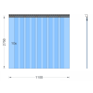 PVC-Streifenvorhang, Lamellen 200 x 2 mm transparent, Höhe 2,75 m, Breite 1,50 m (1,10 m), Edelstahl