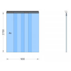 PVC-Streifenvorhang, Lamellen 300 x 3 mm transparent, Höhe 2,75 m, Breite 1,00 m (0,90 m), verzinkt