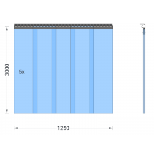 PVC-Streifenvorhang, Lamellen 300 x 3 mm transparent, Höhe 3,00 m, Breite 1,25 m (1,10 m), Edelstahl