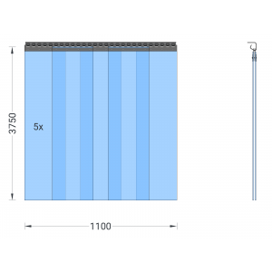 PVC-Streifenvorhang, Lamellen 300 x 3 mm transparent, Höhe 3,75 m, Breite 1,25 m (1,10 m), verzinkt