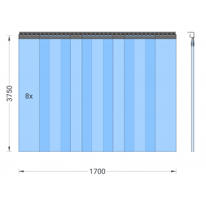 PVC-Streifenvorhang, Lamellen 300 x 3 mm transparent, Höhe 3,75 m, Breite 2,00 m (1,70 m), verzinkt