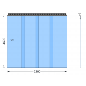 PVC-Streifenvorhang, Lamellen 400 x 4 mm transparent, Höhe 4,50 m, Breite 2,50 m (2,25 m), verzinkt